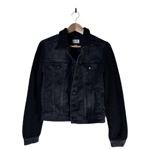 Miss Me Black Denim Jean Trucker Jacket Womens Sherpa Sleeves Size Small - Picture 11 of 11